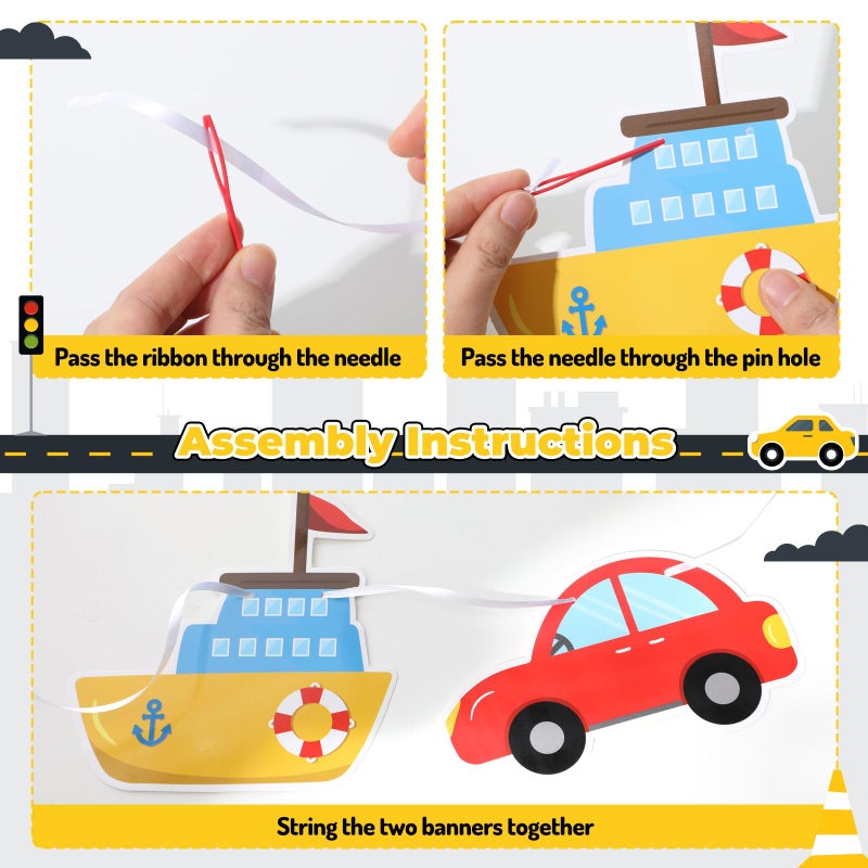 Faisichocalato Transportation Happy Birthday Banner Car Bus Train Plane Ship Helicopter Traffic Light Photo Props Garland for Kids Transportation Theme Birthday Party Decorations Baby Shower Supplies - Image 3